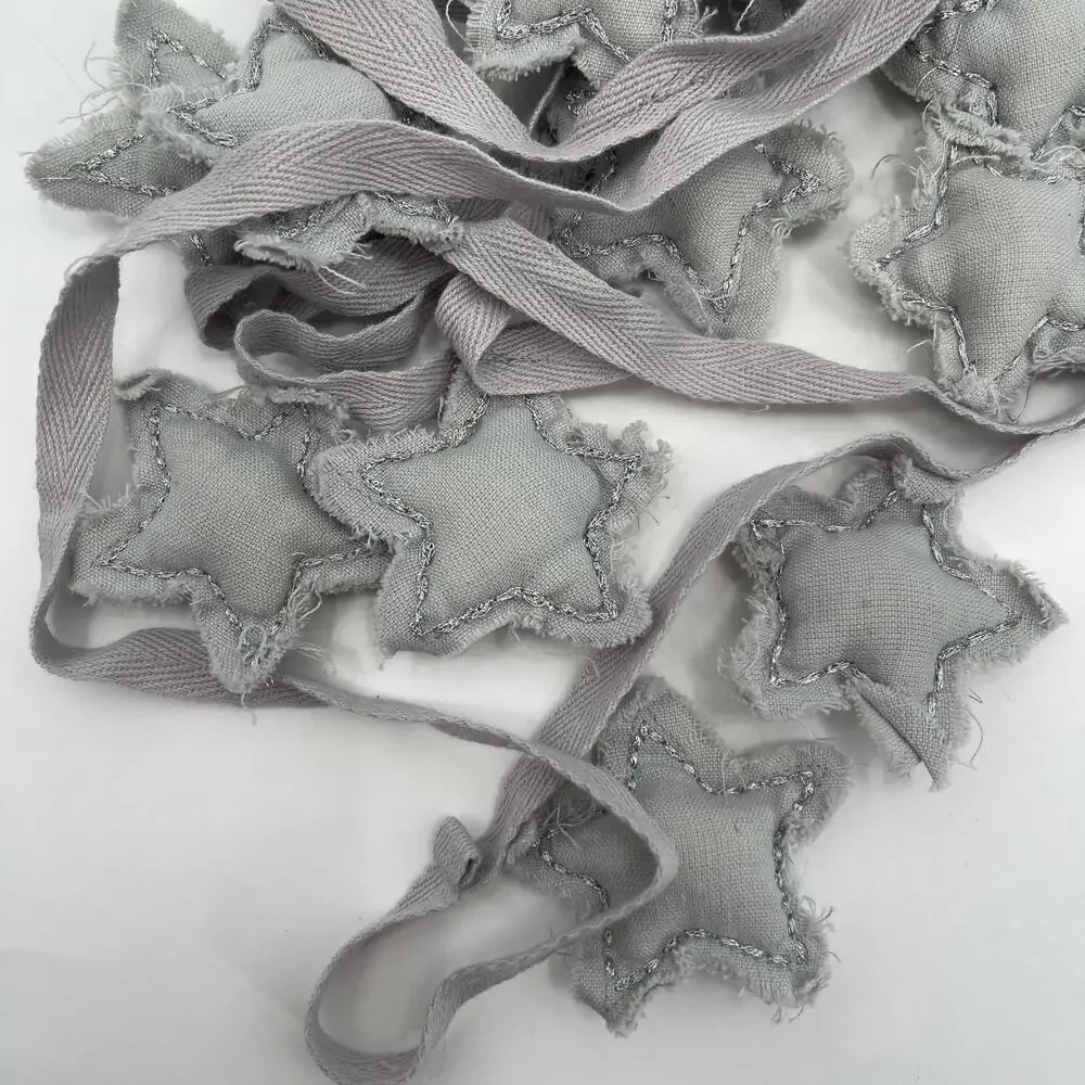 LAND OF NOD Star Garland Fabric Raw Hem Silver Gray Holiday Christmas New Years